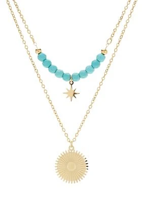 Lab Grown Gold Tone Turquoise Beaded & Disc Duo Pendant Set