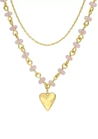 Lab Grown Gold Tone and Rose Quartz Beaded Heart Pendant and Chain Necklace Set