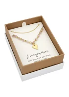 Lab Grown Gold Tone and Rose Quartz Beaded Heart Pendant and Chain Necklace Set