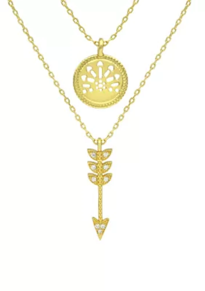 Lab Grown Gold Tone Cubic Zirconia Compass and Arrow Duo Necklace Set