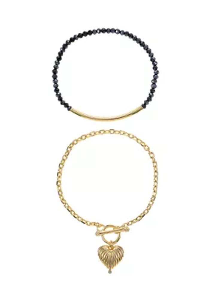 Gold Tone Heart Toggle and Beaded Duo Bracelet Set