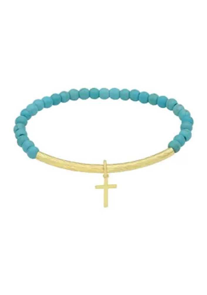 Gold Tone Bar Turquoise Beaded Cross Charm Bracelet