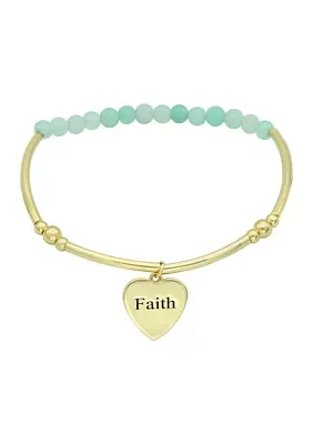 Gold Tone Bar Beaded Faith Engraved Heart Charm Bracelet