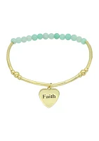 Gold Tone Bar Beaded Faith Engraved Heart Charm Bracelet