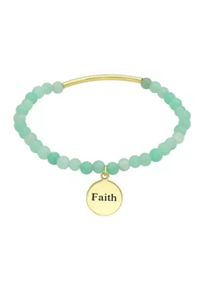 Gold Tone Bar and Multi Beaded Round Faith Engraved Charm Bracelet