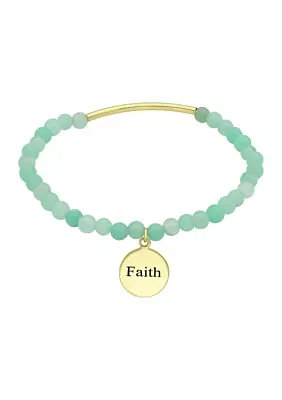 Gold Tone Bar and Multi Beaded Round Faith Engraved Charm Bracelet