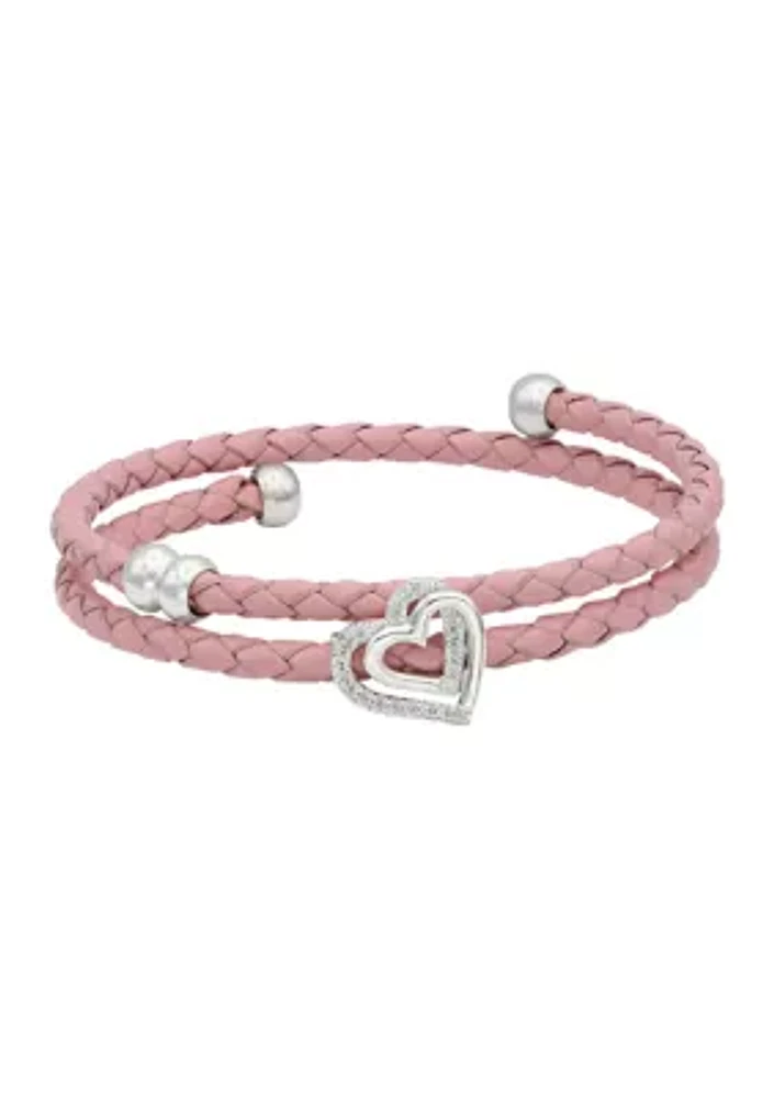 Silver Tone Genuine Pink Leather Wrap Cubic Zirconia Pavé Heart Charm Bracelet