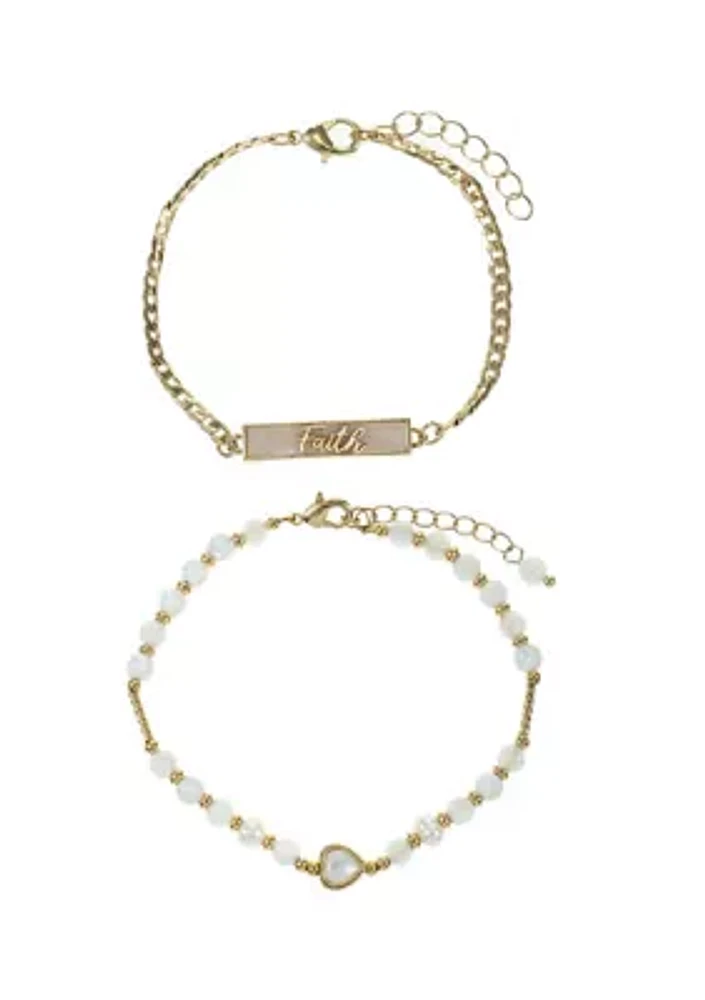 Gold Tone Mother of Pearl and Beaded Faith Duo Bracelet Set