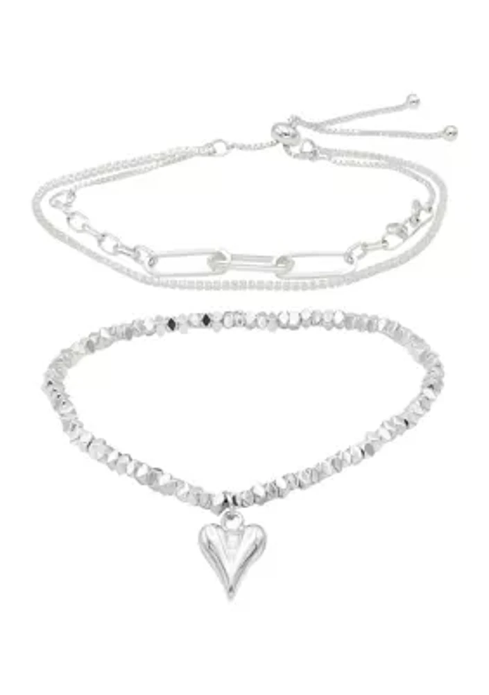Lab Grown Silver Tone Crystal and Heart Charm Bracelet Set