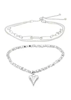 Lab Grown Silver Tone Crystal and Heart Charm Bracelet Set