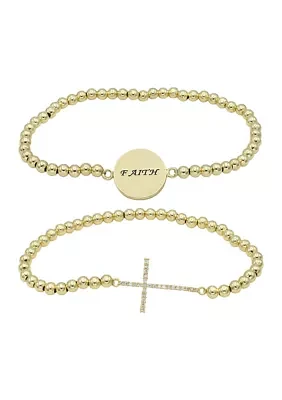 Lab Grown Gold Tone Pave Cubic Zirconia Cross and Faith Bracelet Duo Set
