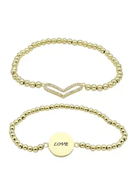 Lab Grown Gold Tone Pavé Cubic Zirconia Open Heart and Love Bracelet Duo Set