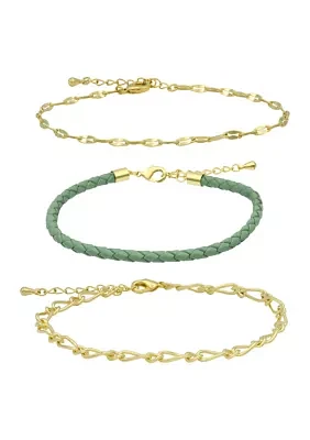 Gold Tone Chains and Green Leather Bracelet Trio Set
