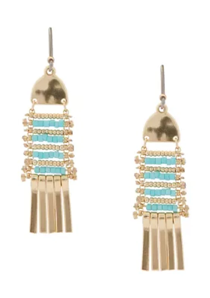 Gold Tone Blue Beaded Fringe Earrings