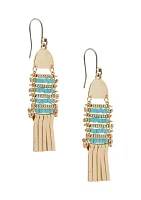 Gold Tone Blue Beaded Fringe Earrings