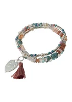 Silver Tone Multi Beaded Tassel Bracelet - Set of 3