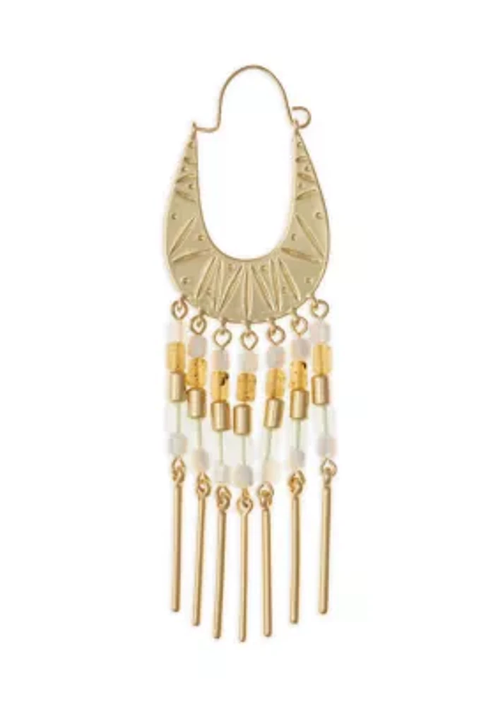 Gold Tone Beaded Carved Statement Earrings