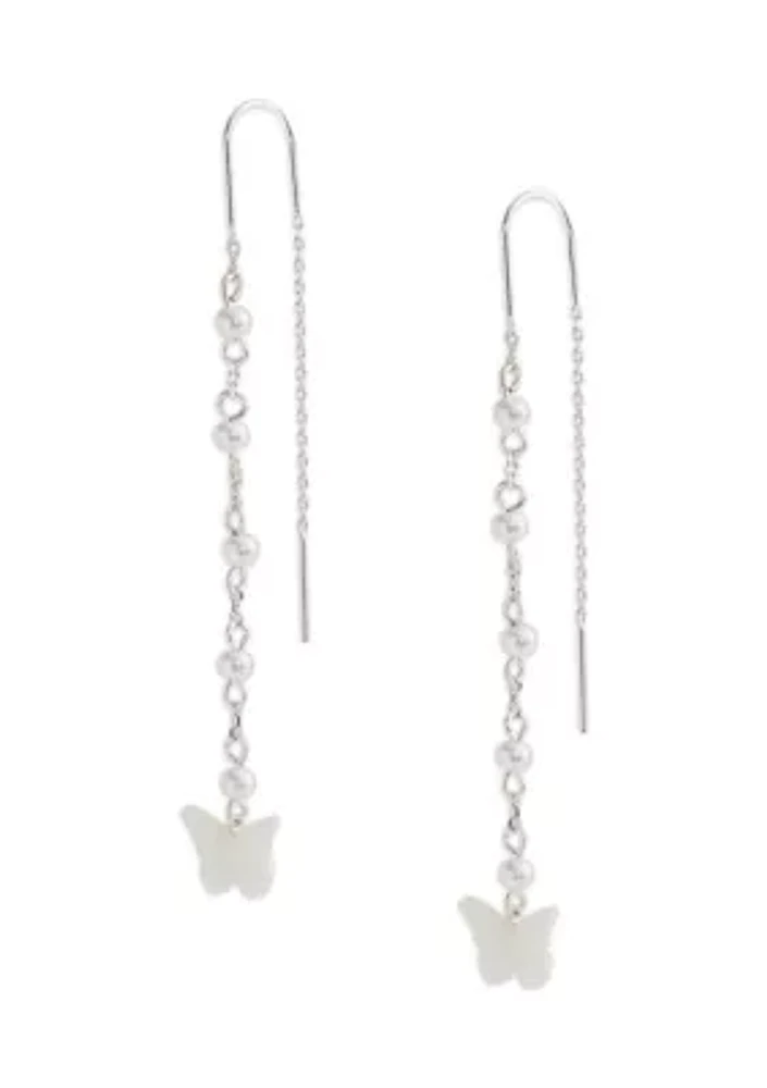 Delicate Pearl Etched Butterfly Threader Earrings