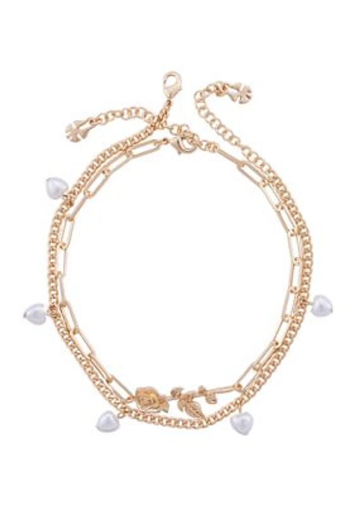 Gold Tone Flower and Pearl Chain Anklet Set