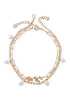 Gold Tone Flower and Pearl Chain Anklet Set