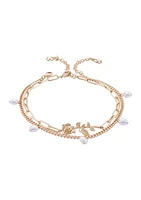 Gold Tone Flower and Pearl Chain Anklet Set