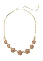 Gold Tone Peach Crochet Flower Pearl Necklace