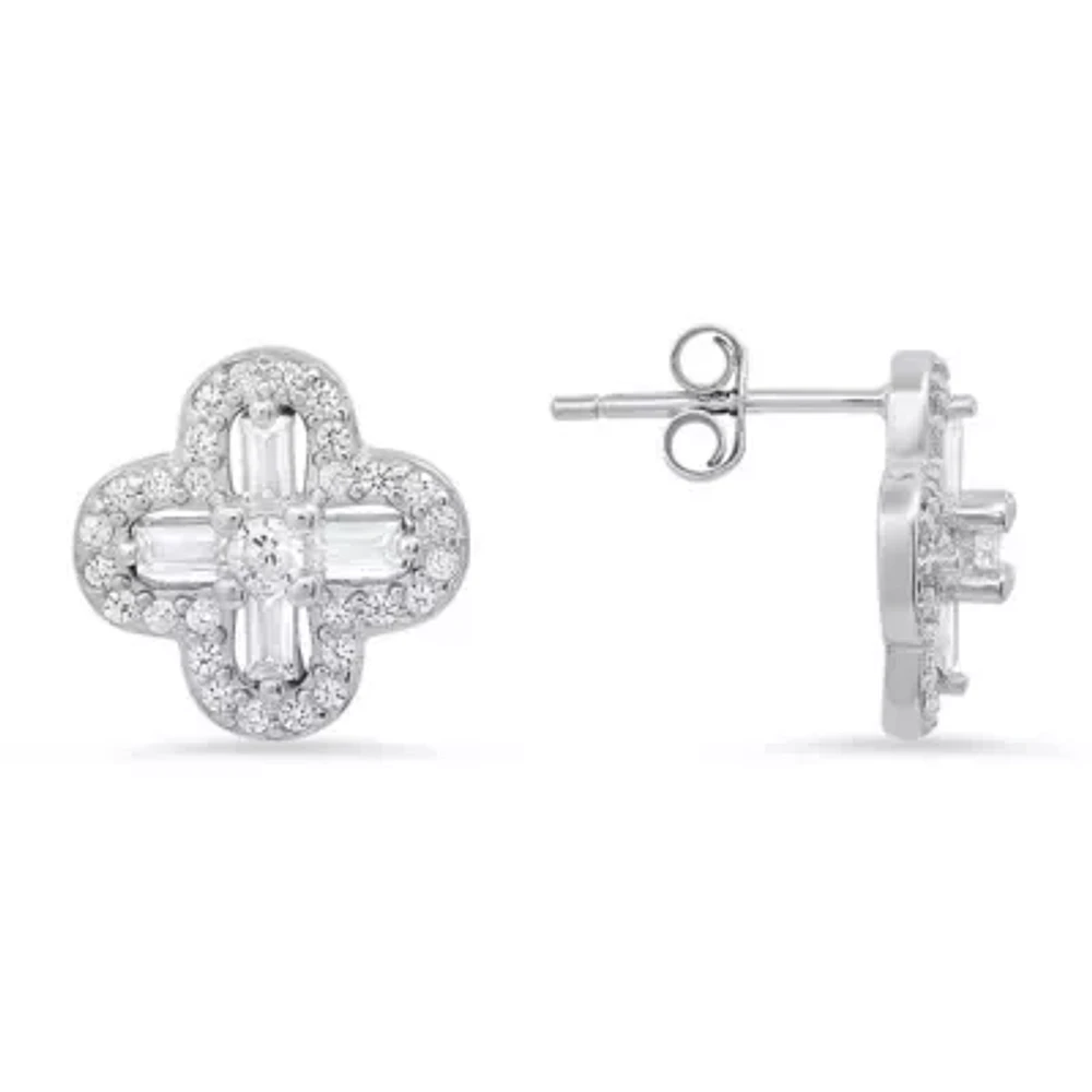 Lab Created Sterling Silver Baguette-cut Clover CZ Stud Earrings