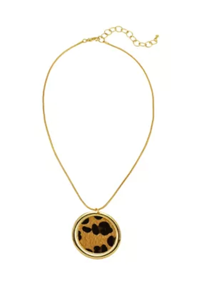 Gold Tone Leopard Printed Round Orbital Pendant Necklace