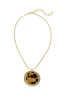 Gold Tone Leopard Printed Round Orbital Pendant Necklace