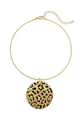 Gold-Tone Collar Neck Wire With Round Leopard Print Metal Pendant Drop Necklace