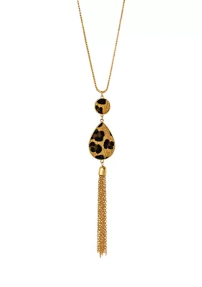 Gold Tone Leopard Print Double Teardrop Necklace with Chain Tassel