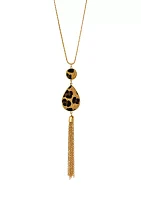 Gold Tone Leopard Print Double Teardrop Necklace with Chain Tassel