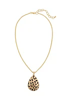 Gold Tone Leopard Print Metal Teardrop Pendant Necklace on Chain