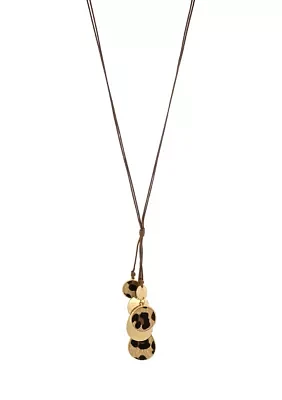 Gold Tone Long Brown Cord Necklace with Multi Leopard Print Disc Tassel Drops