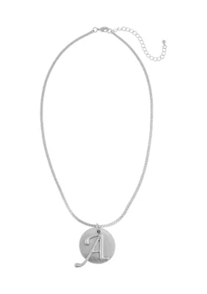 Silver Tone Herringbone Chain Necklace with Disc Letter Overlay Pendant