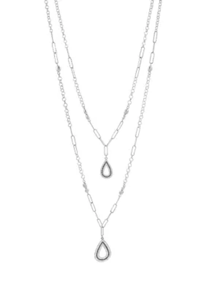 Silver Tone 26" Layered Linked Teardrop Pendant Necklace 