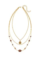 Gold Tone 18'' + 3'' Extender Triple Layered 3 Row Necklace with Brown Bead Accents and Pendant Drop