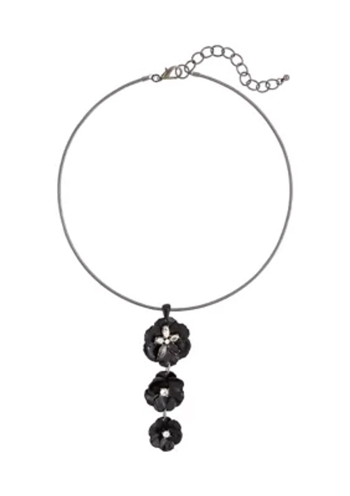 Hematite Tone 18 Inch Enamel Flower Pendant with Crystal Center Necklace