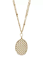 Gold Tone 18" Multi Row Basketweave Textured Oval Pendant Necklace