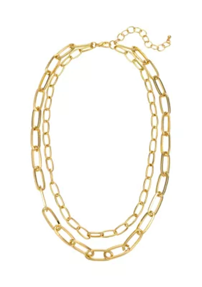 Two Row Short Chain Link Necklace in Gold Tone Metal