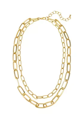 Two Row Short Chain Link Necklace in Gold Tone Metal