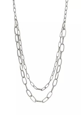 Silver Tone Nested Long 2 Row Chain Link Necklace