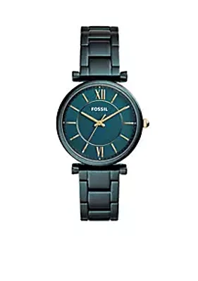 Fossil® Women's Teal Green Stainless Steel Carlie Three-Hand Bracelet Watch