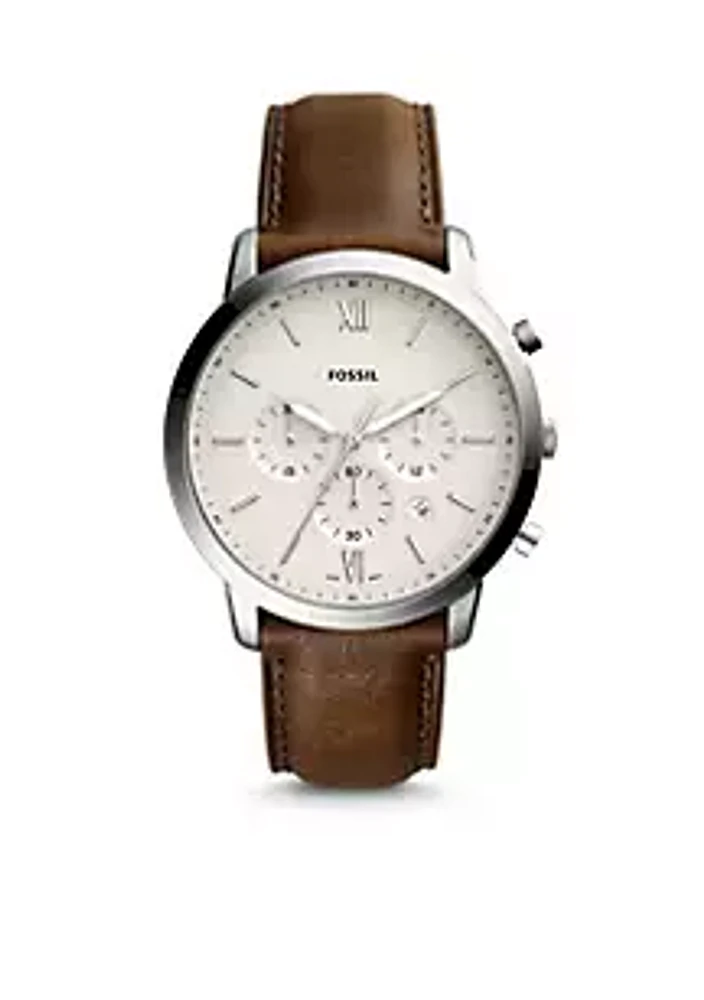 Fossil® Stainless Steel Chronograph Brown Leather Watch