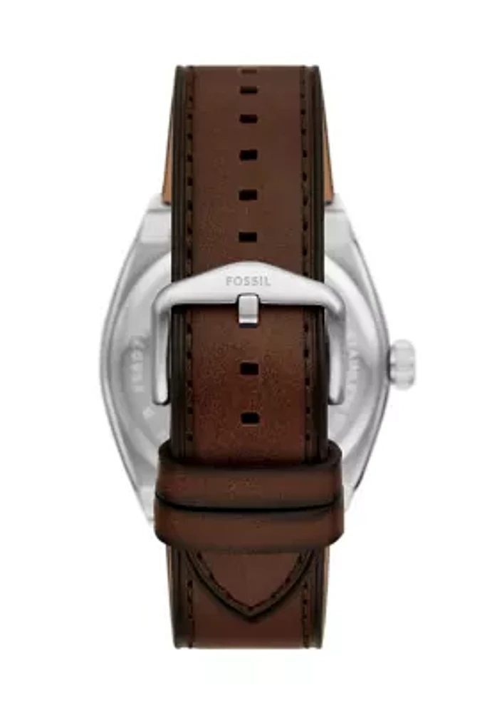 Silver Tone Brown Leather Strap Watch