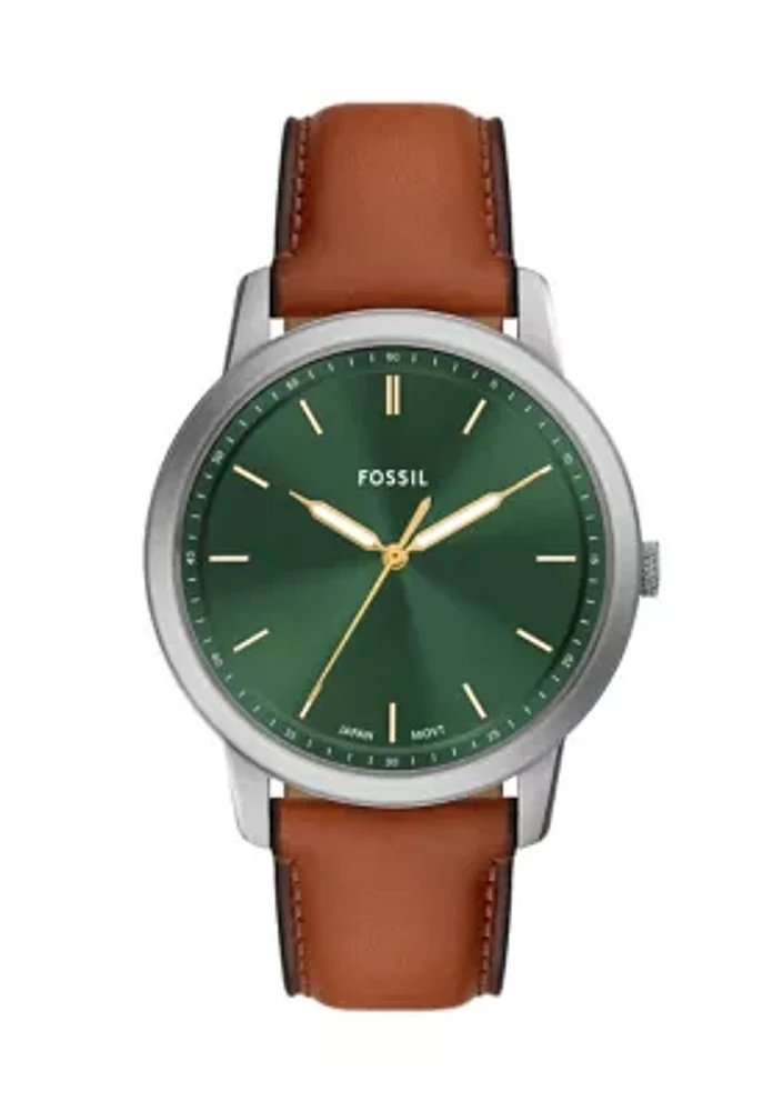 Silver Tone Green Face Leather Strap Watch