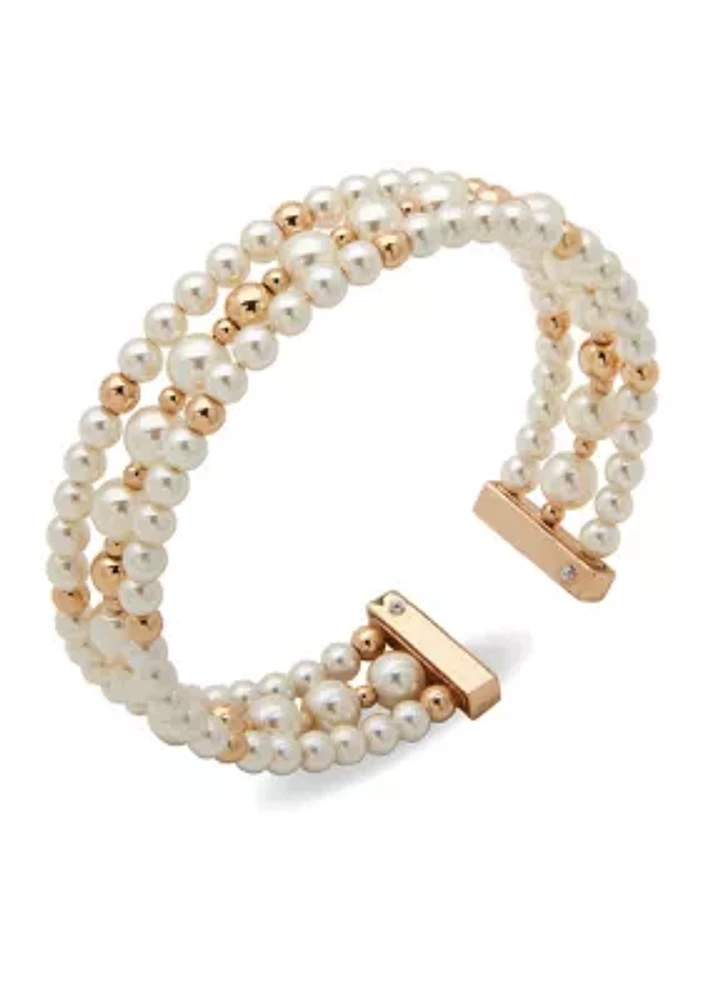 Gold Tone Pearl Bead Cuff Bracelet 