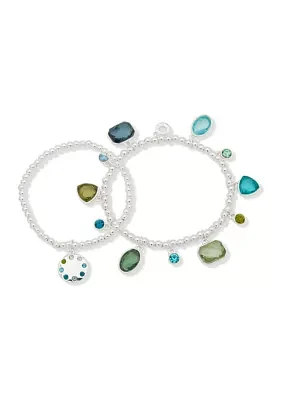 Silver Tone Set of 2 Blue and Green Stone Charm Stretch Bracelet