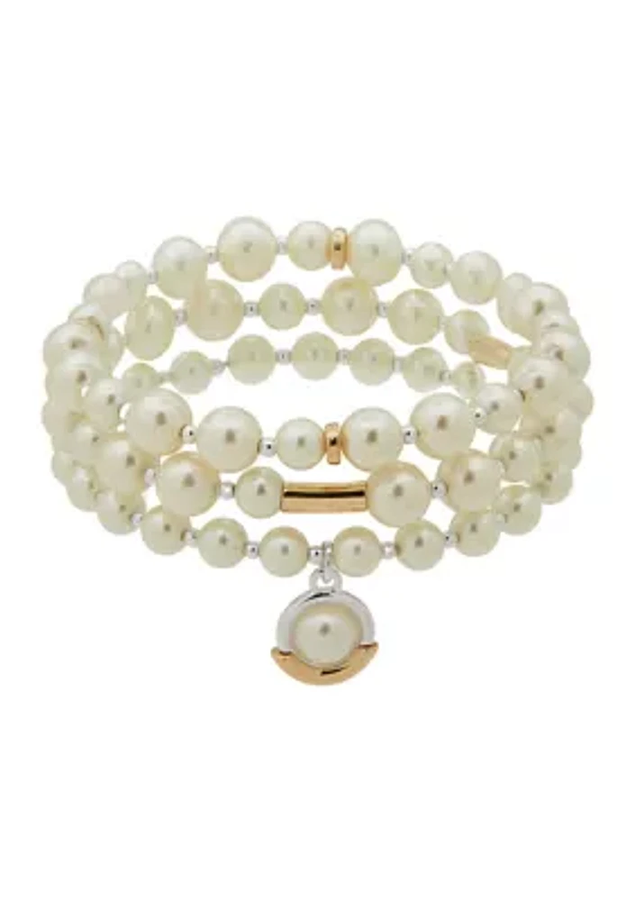 Two Tone 3 Pearl Stretch Bracelet Set 