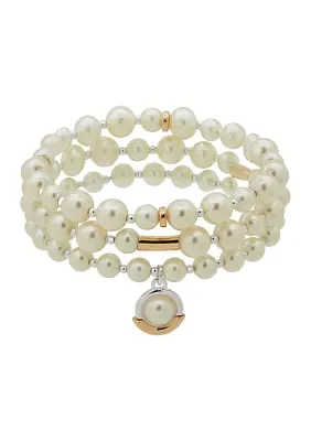 Two Tone 3 Pearl Stretch Bracelet Set 